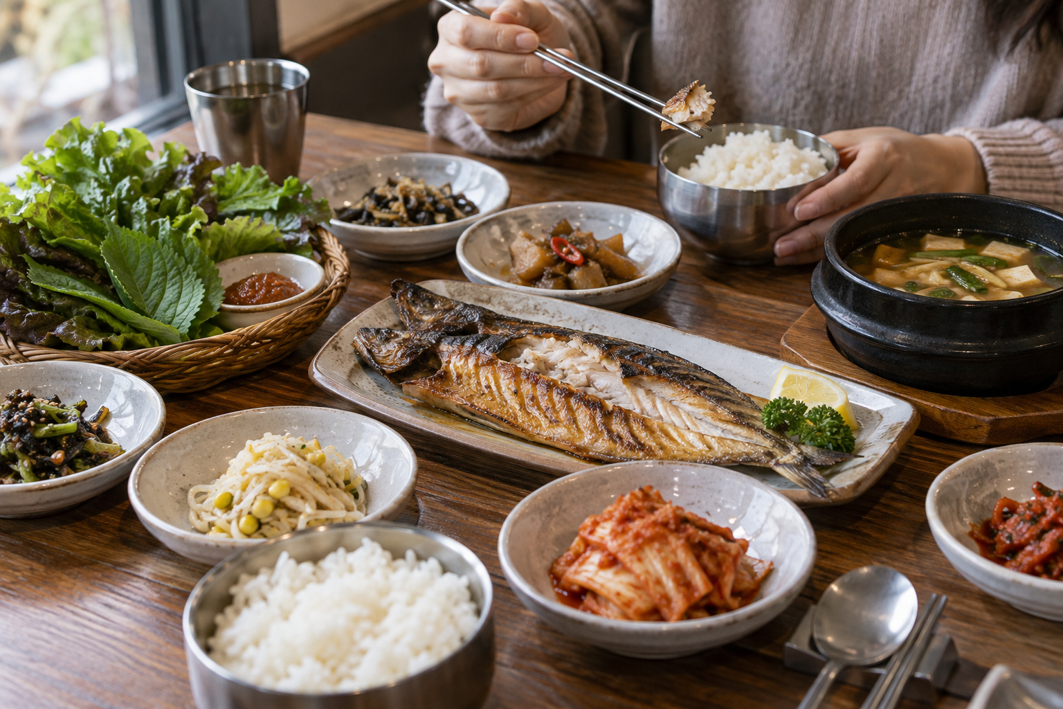 밥과 생선구이, 쌈 채소가 나온 식당 백반