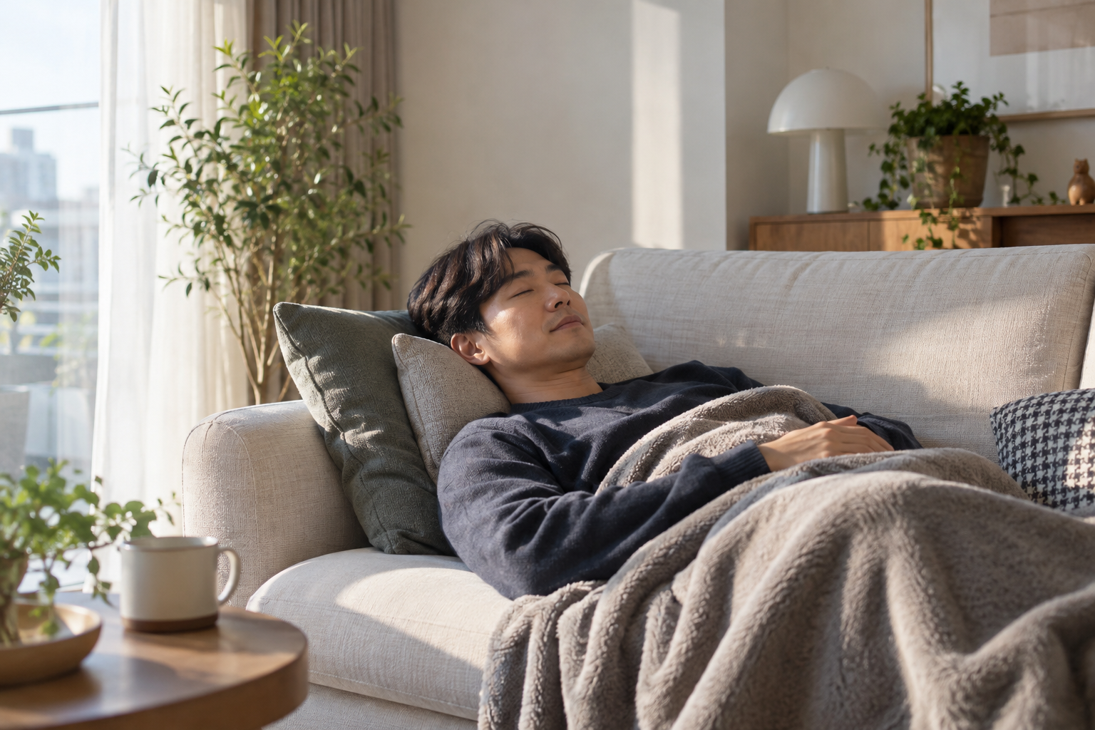 소파에서 담요를 덮고 쉬는 남성