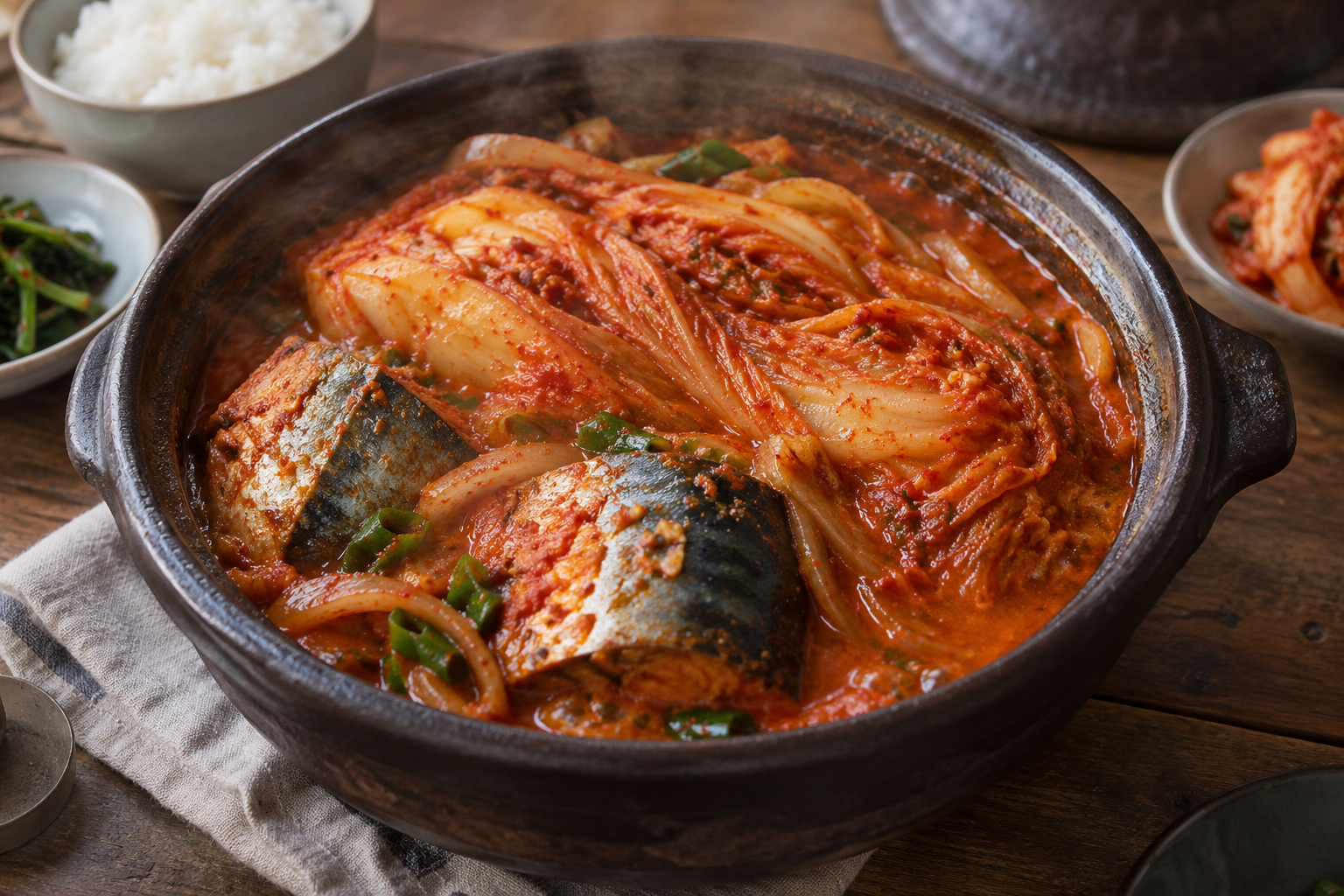 길게 펼친 묵은지와 고등어가 함께 졸여진 냄비