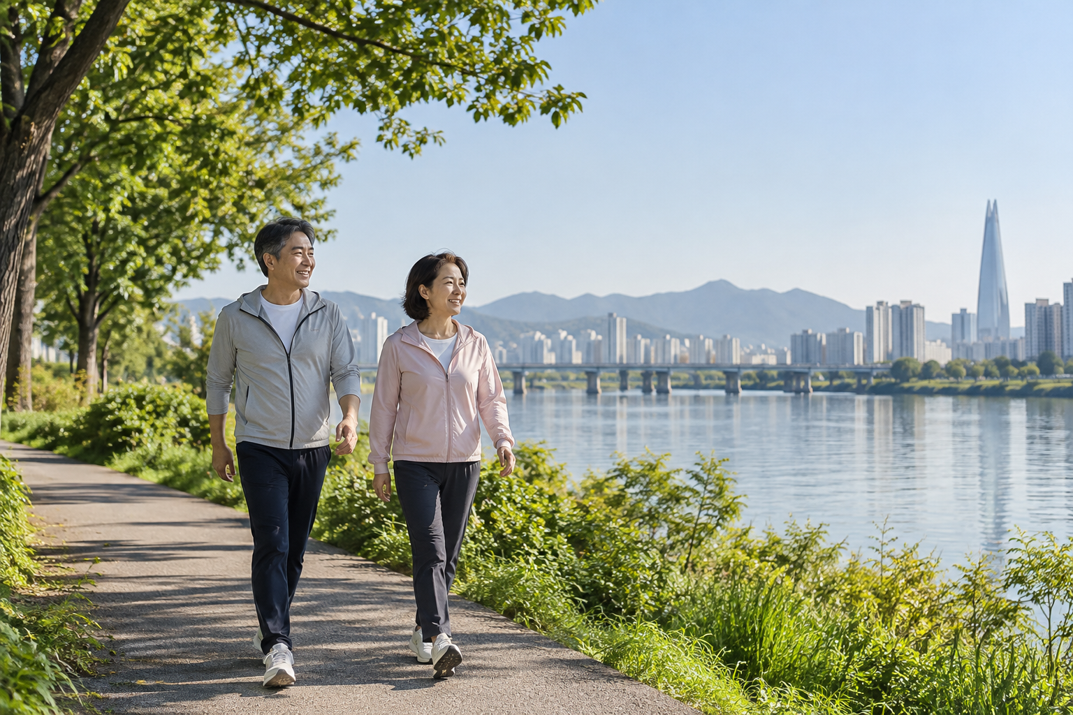 서울 강변 산책로에서 가볍게 걷는 한국 중년 성인 두 명