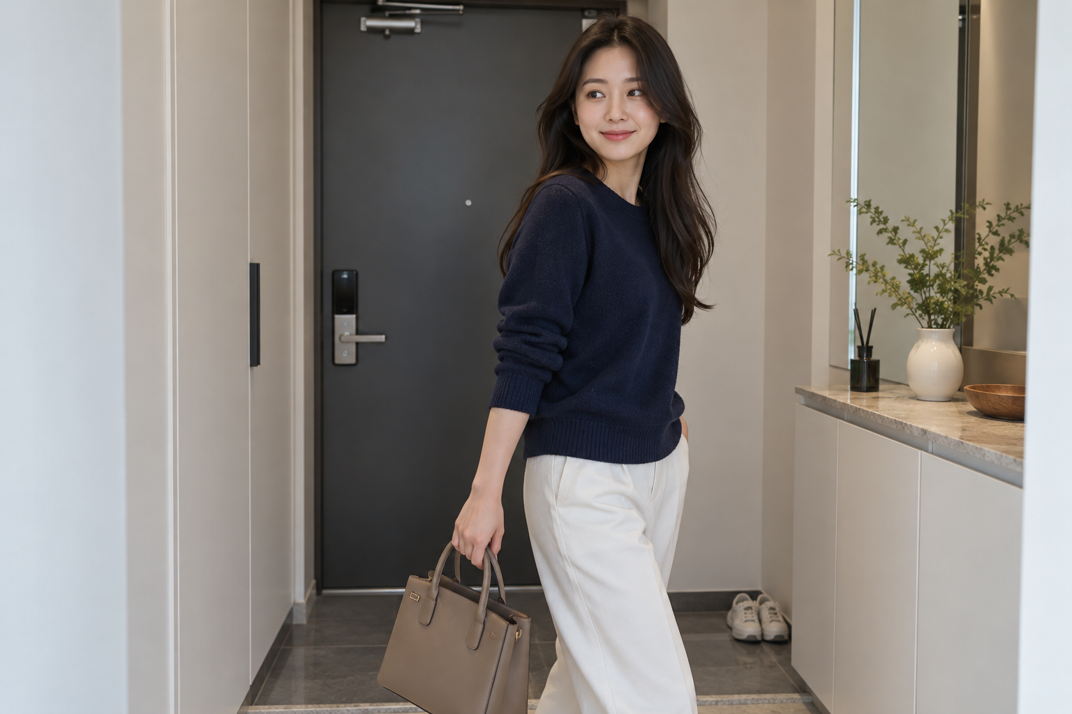 남색 니트를 입고 가방을 손에 든 여성