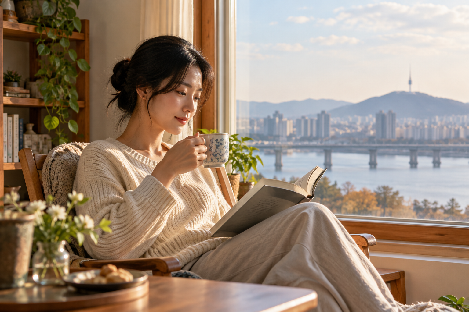 창가에서 차를 마시며 책을 읽는 여성