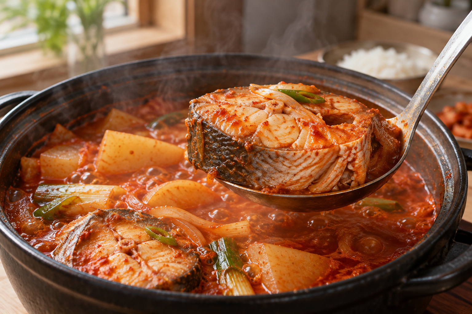 국자로 받쳐 올린 익힌 동태 토막