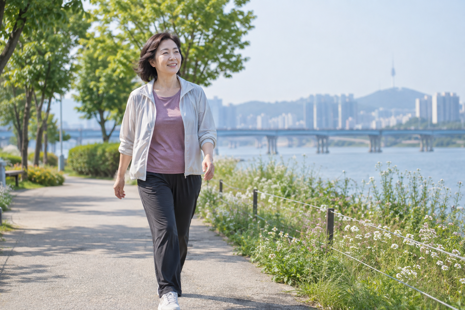 여유 있는 운동복을 입고 강변 산책로를 걷는 여성
