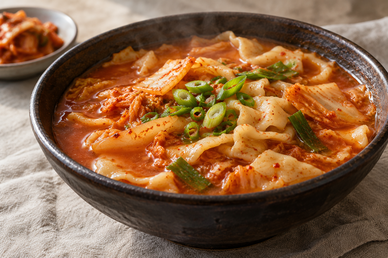 배추김치와 얇은 수제비 조각이 담긴 붉은 김치수제비