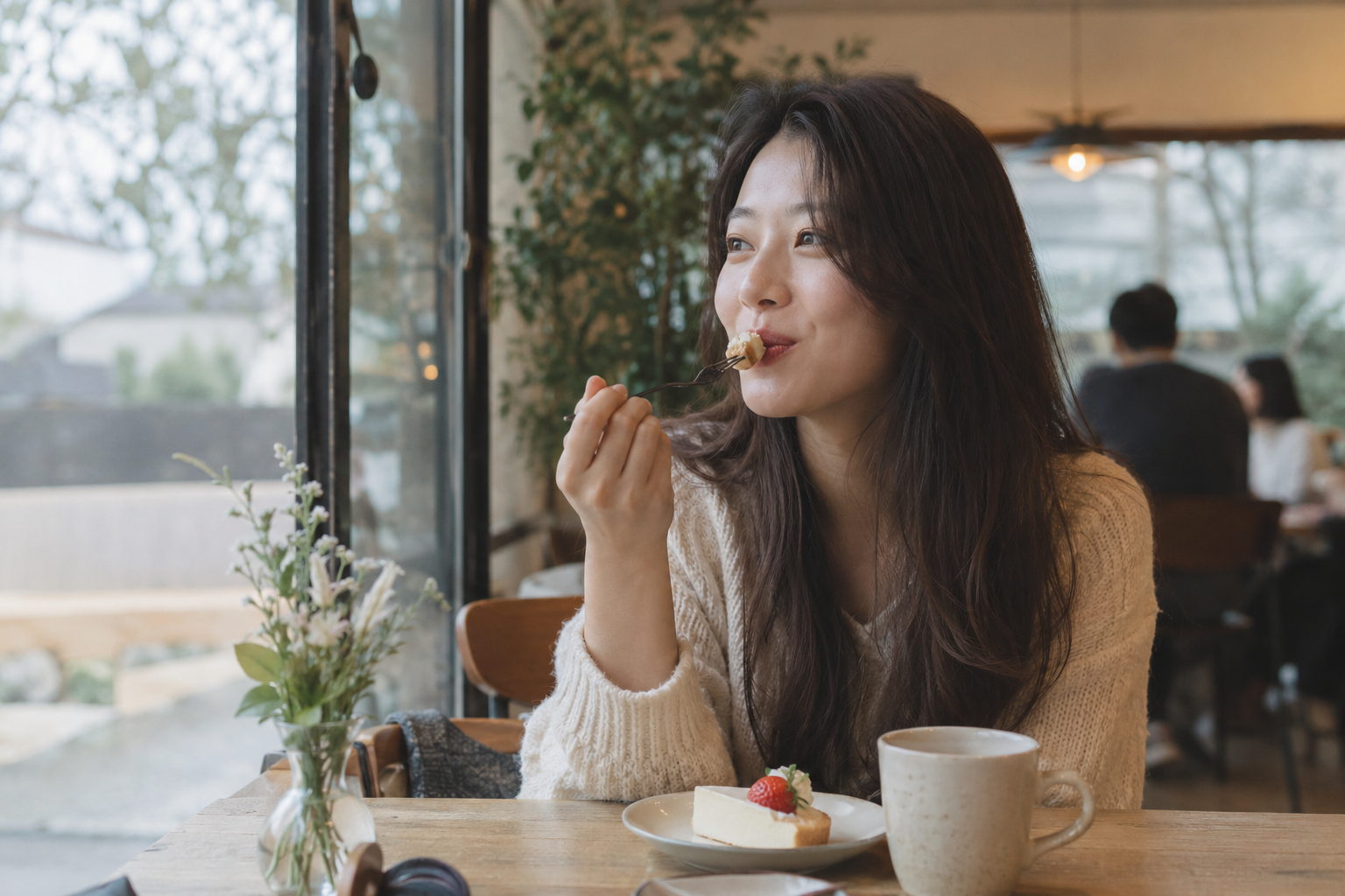 카페에 앉아 접시에 담긴 케이크를 한 입 맛보는 여성