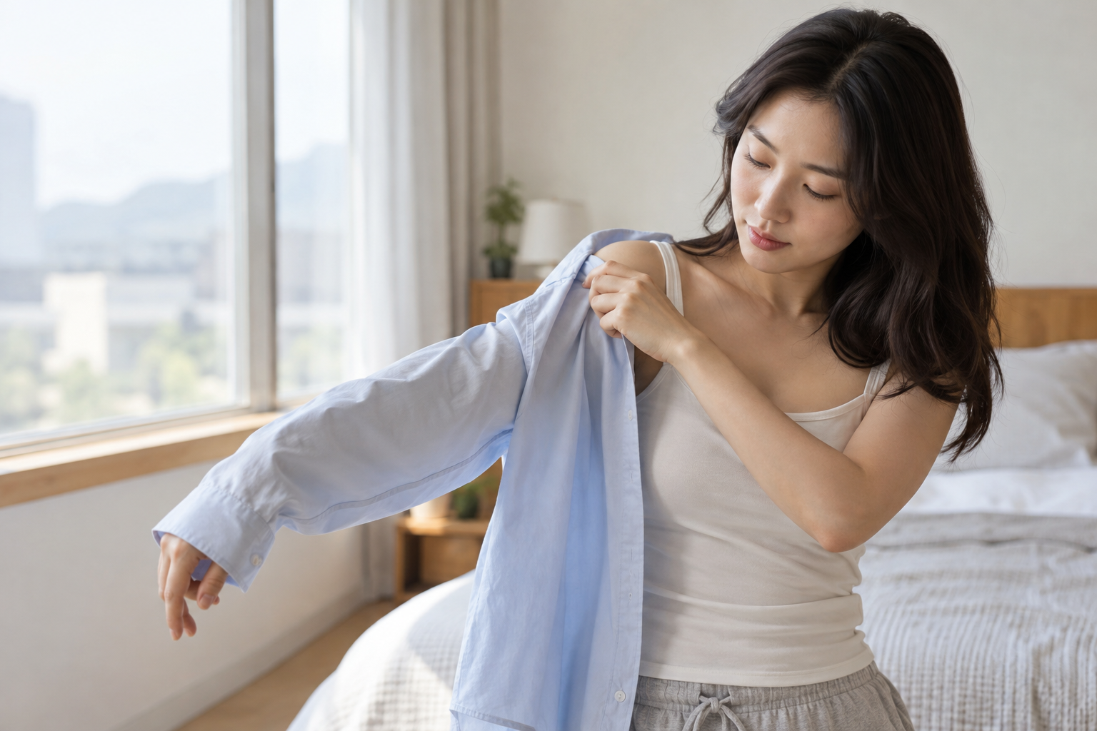 앞이 열린 셔츠 소매에 팔을 조심스럽게 넣는 성인