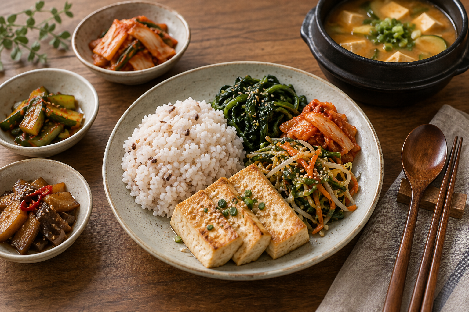 밥과 두부구이, 여러 채소를 함께 담은 한식 접시
