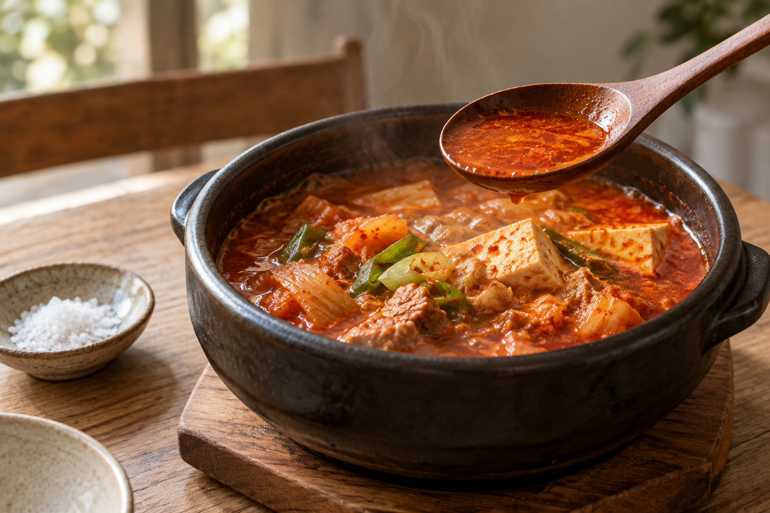 동태찌개 국물 숟가락과 소금