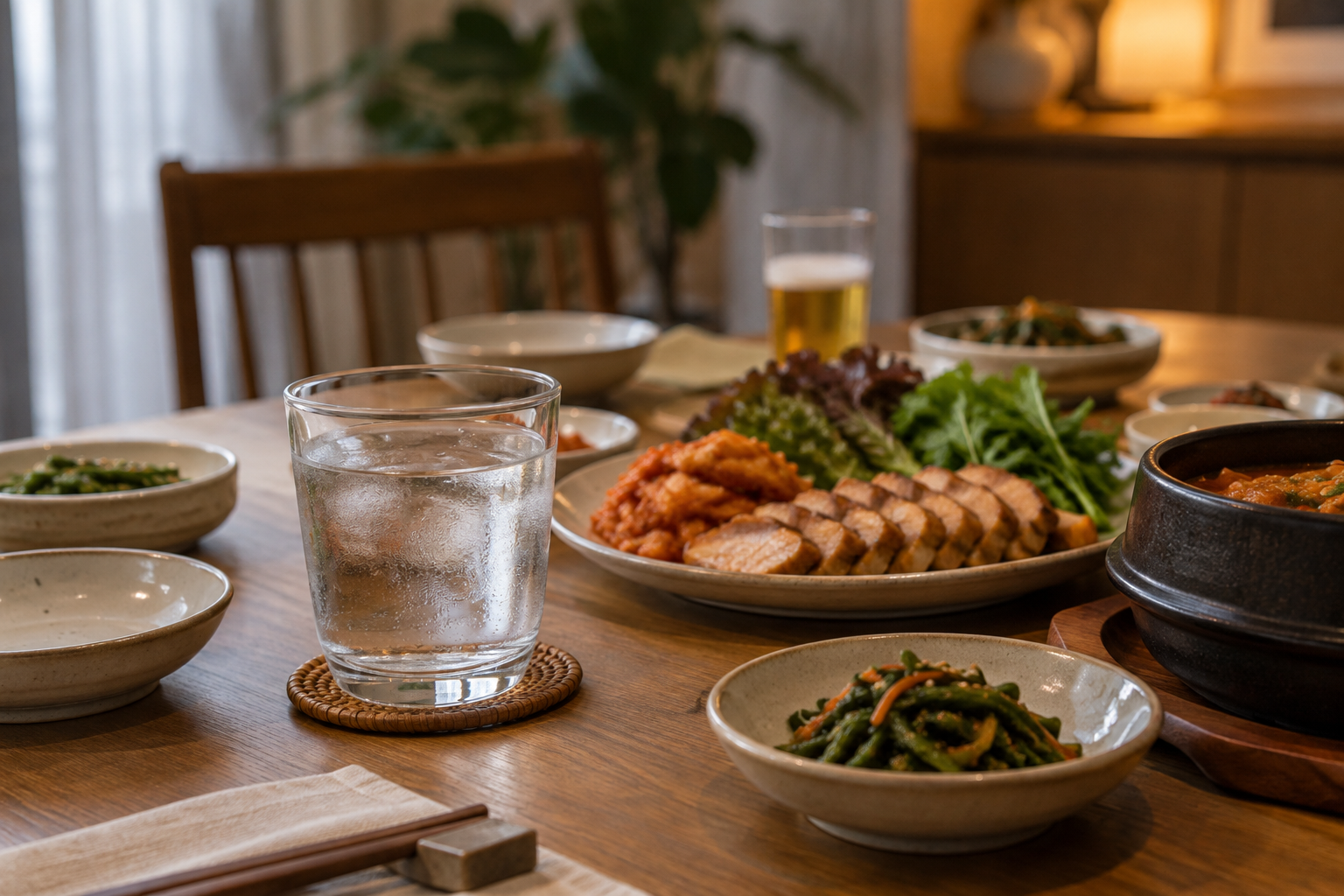 음식이 차려진 식탁 앞쪽의 물잔과 뒤쪽의 작은 맥주잔