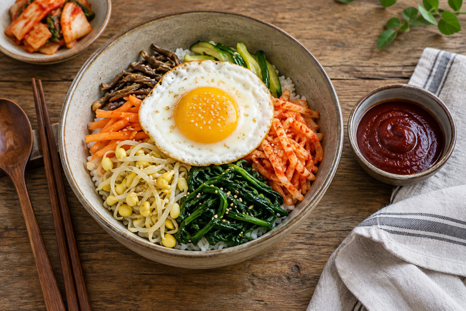 시금치와 콩나물, 무생채, 달걀 프라이를 올린 비빔밥
