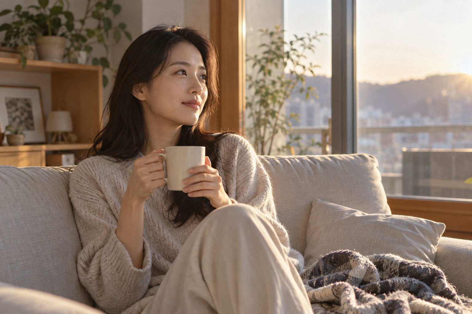 창가 소파에서 머그잔을 들고 편안히 쉬는 여성
