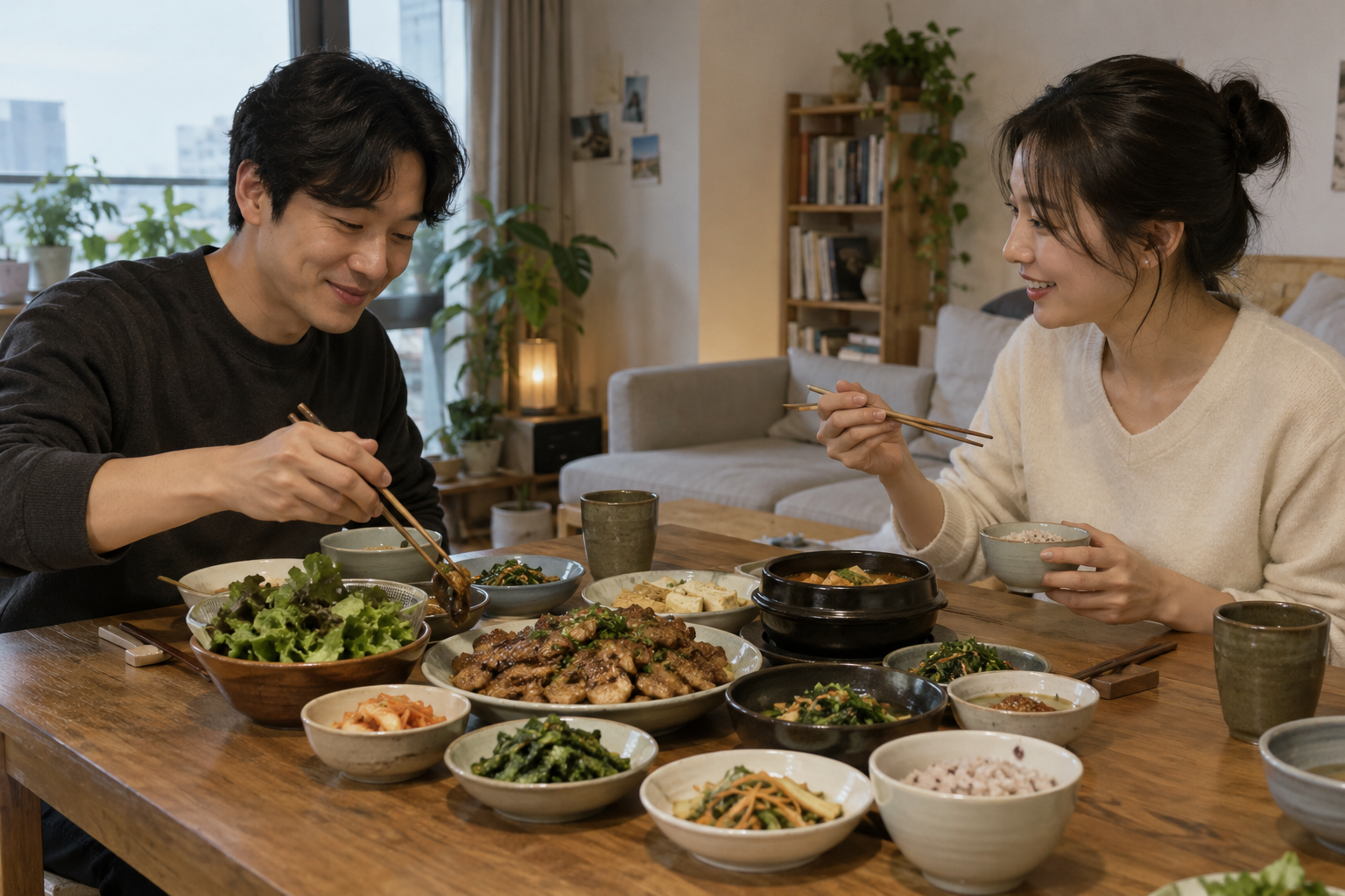 다양한 한식 반찬으로 집에서 함께 식사하는 두 성인