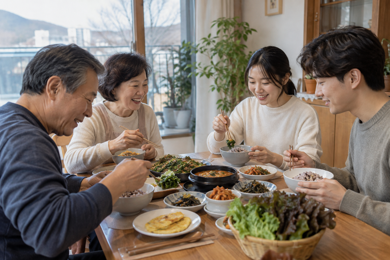 잡곡밥과 채소 반찬을 함께 먹는 한국인 가족
