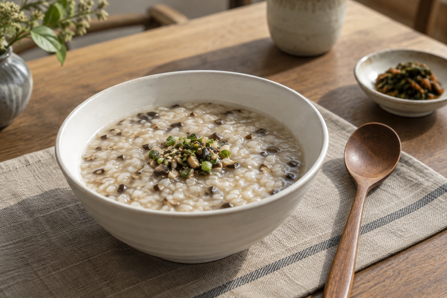 잘게 다진 버섯을 넣어 부드럽게 끓인 죽과 나무 숟가락