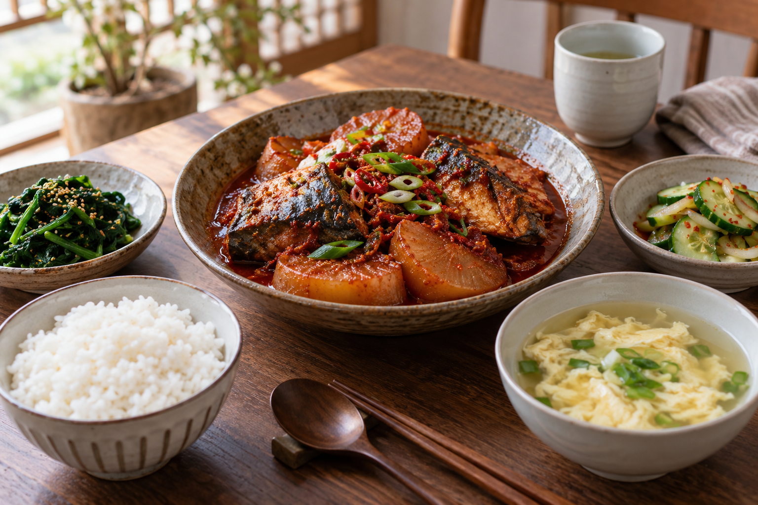 고등어조림과 밥, 맑은 계란국, 채소 반찬으로 차린 밥상