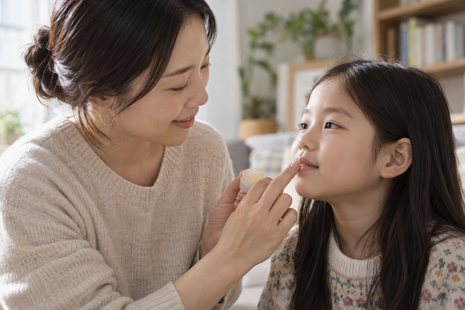 보호자가 아이 입술에 보습제를 부드럽게 발라주는 모습