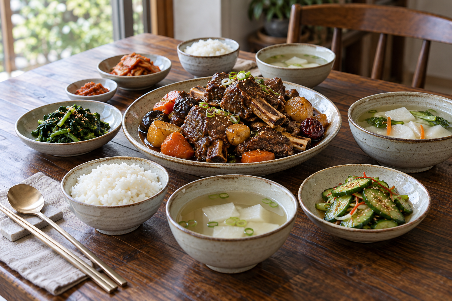갈비찜과 밥, 맑은 국, 채소 반찬을 차린 한식 상