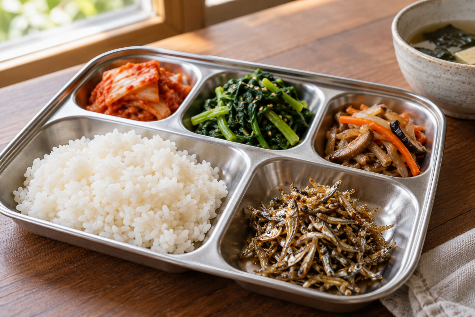밥과 익힌 채소 옆에 견과류 없이 담은 순한 멸치볶음