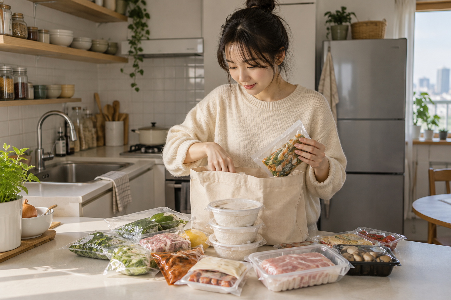 작은 주방에 준비한 소포장 식재료와 냉동밥 용기