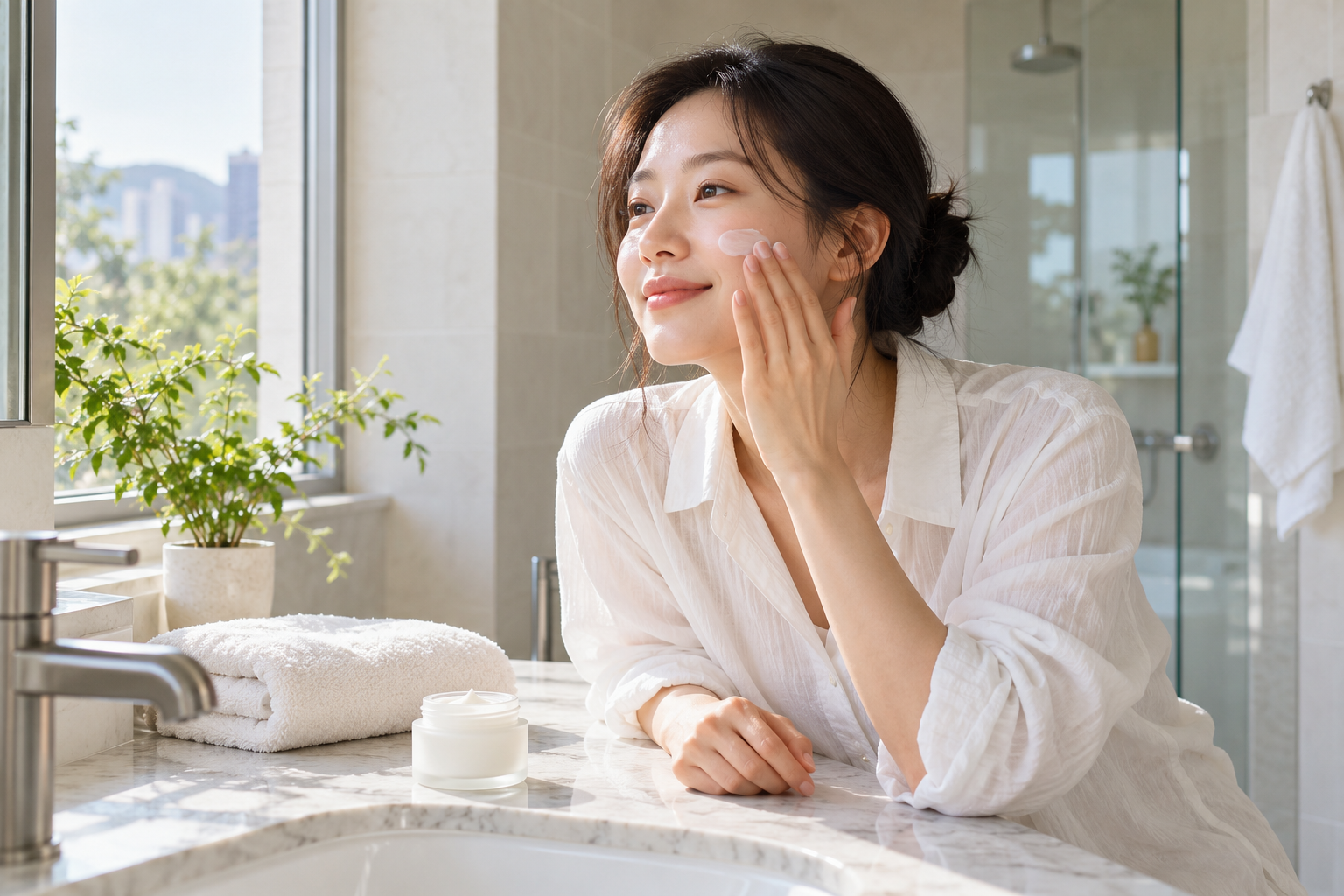 욕실에 준비된 면 옷과 보습제, 수건