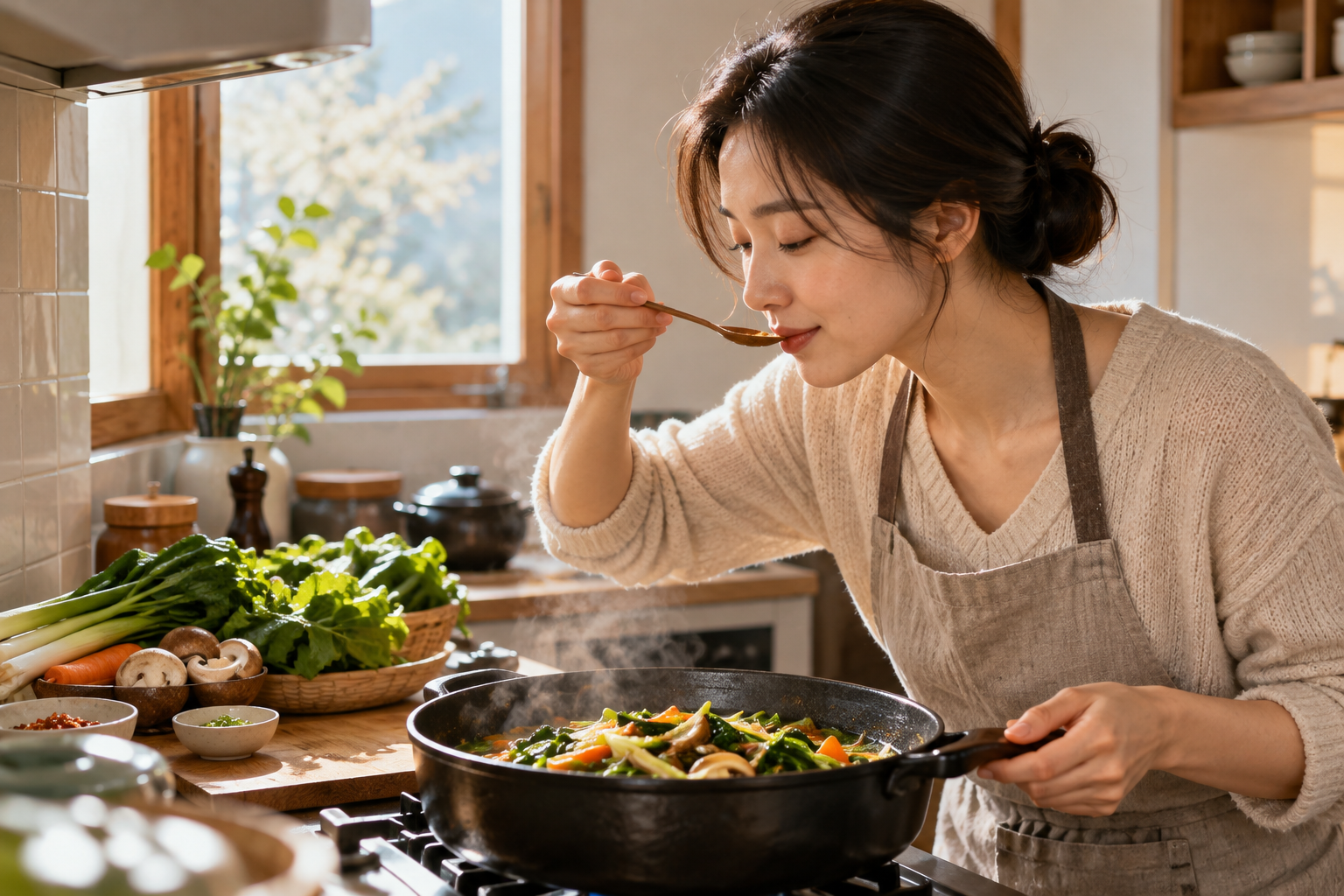 작은 숟가락으로 익힌 음식의 간을 보는 한국인 성인
