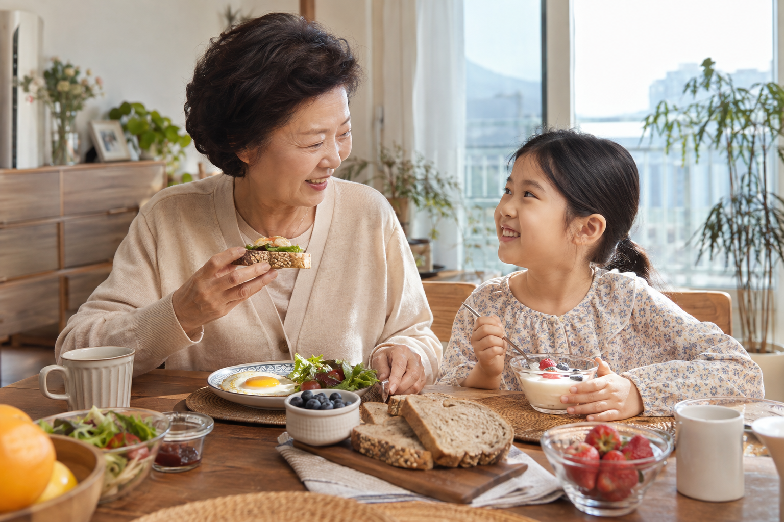 요거트와 과일, 빵을 곁들인 아침을 먹는 할머니와 손녀