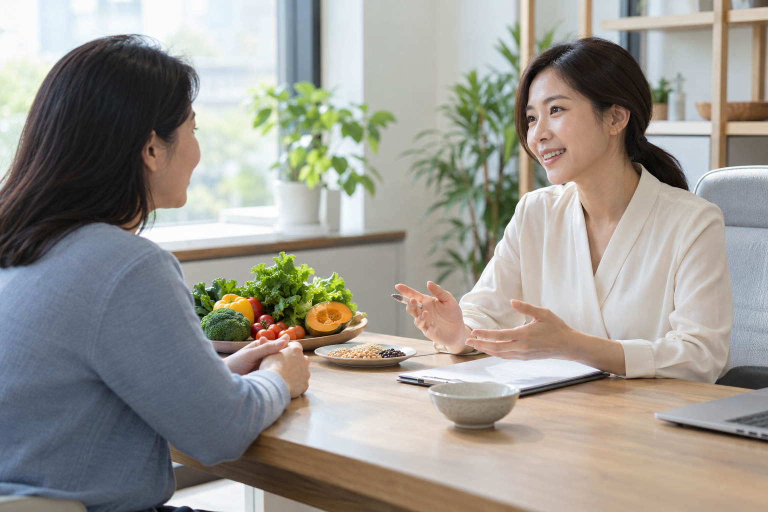 밝은 상담실에서 식사에 관해 대화하는 한국인 성인 두 사람