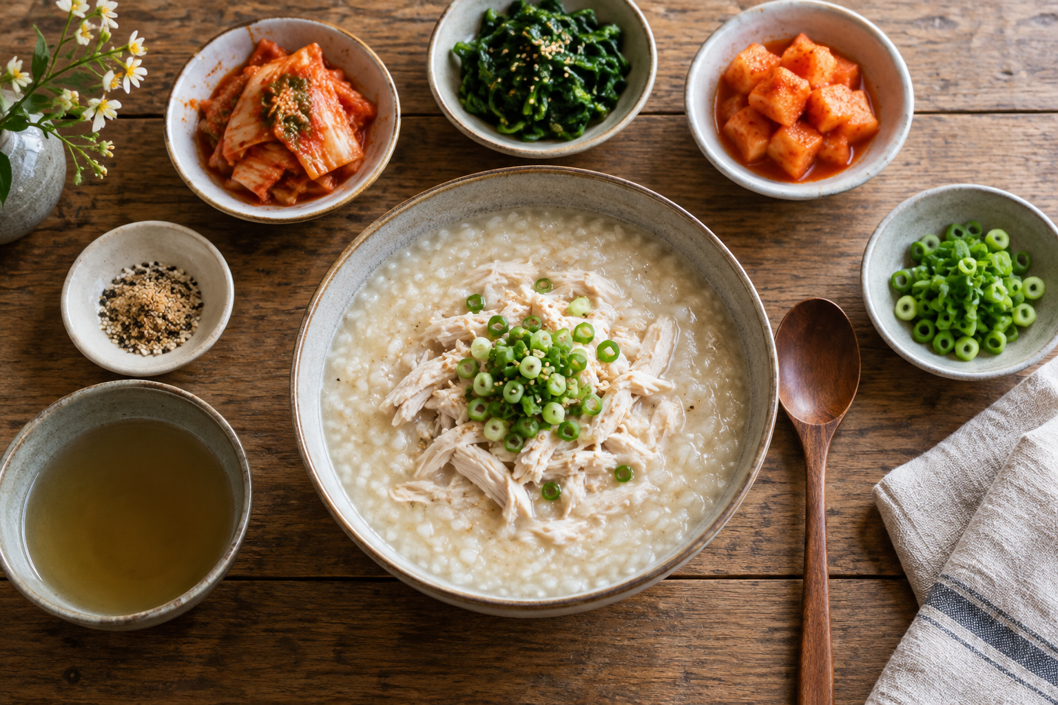 숟가락과 고명 접시를 곁들인 완성 닭죽 상차림