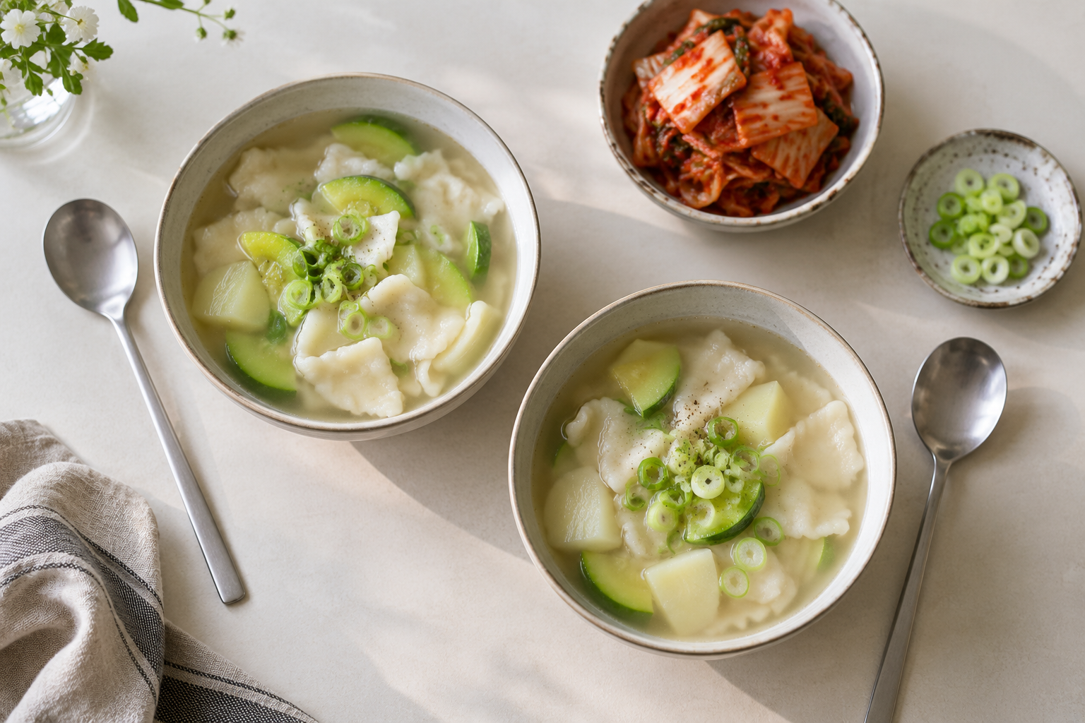 완성된 수제비 두 그릇과 김치를 차린 식탁