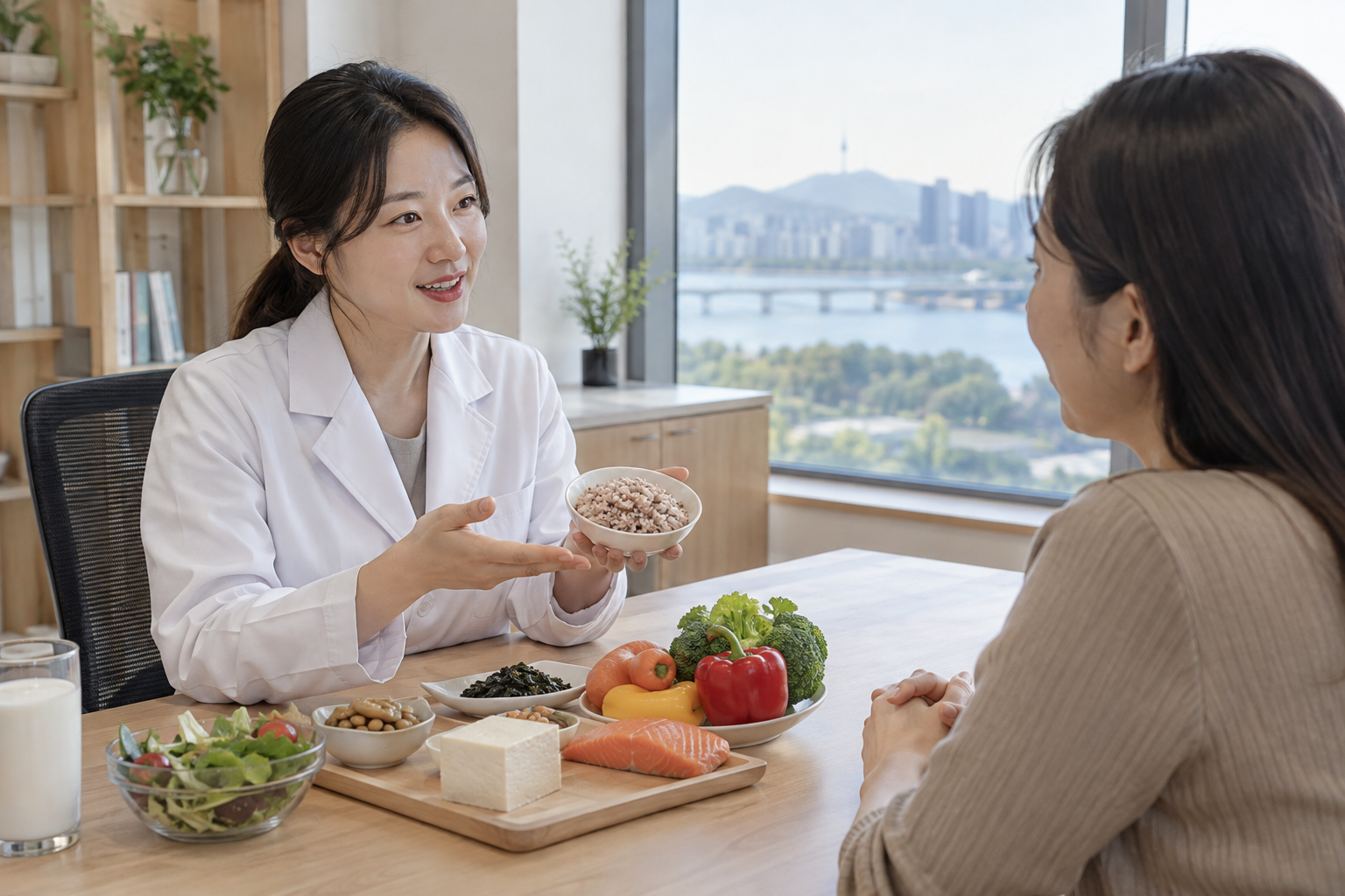 식품 모형을 두고 식단을 상담하는 영양사와 성인