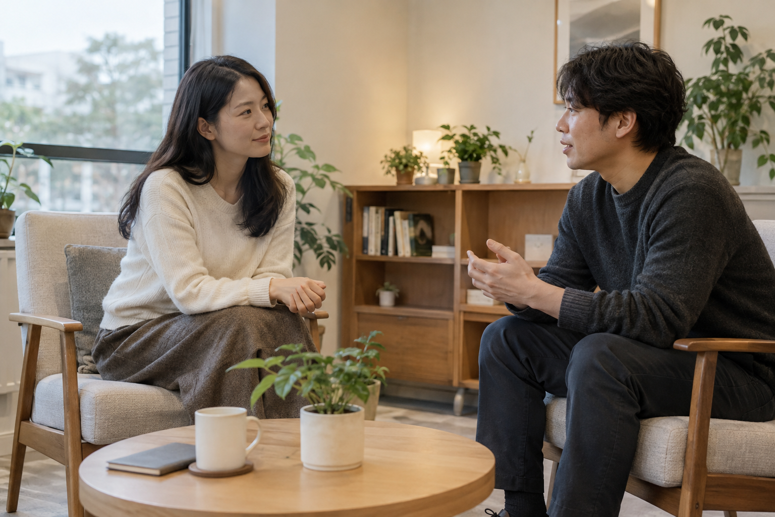 편안한 상담 공간에서 마주 앉아 대화하는 두 성인