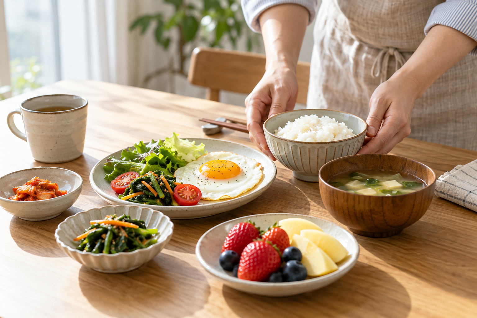 밥과 달걀, 채소, 과일을 곁들인 아침상을 차리는 손