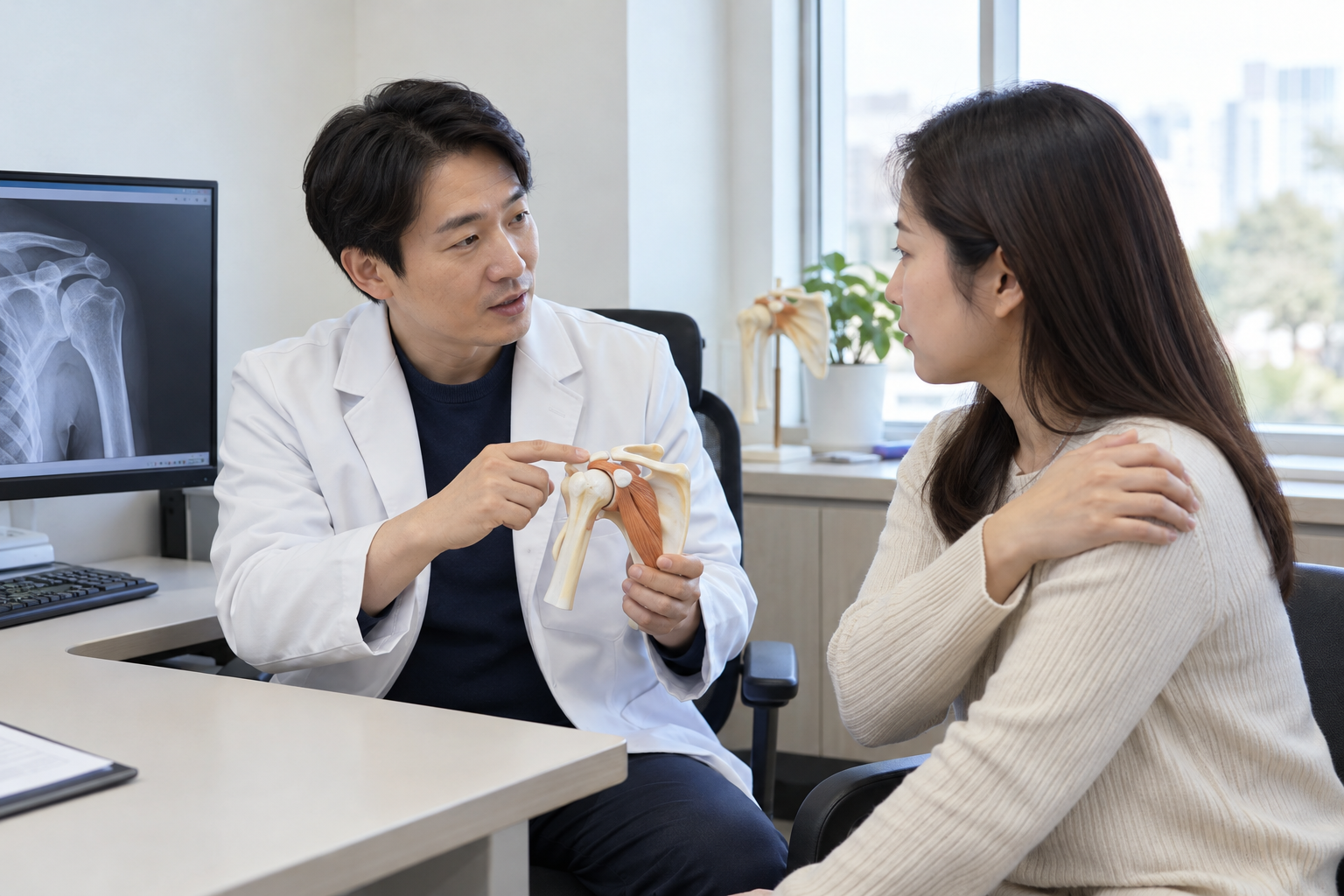 진료실에서 어깨 증상을 상담하는 의사와 성인