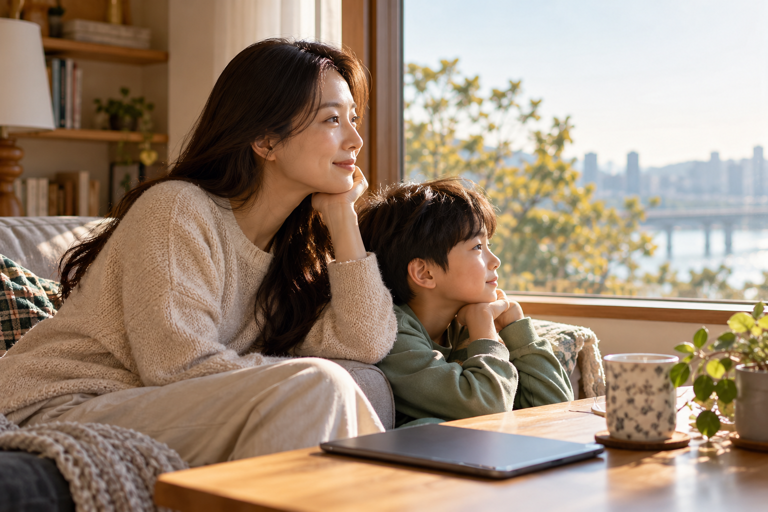 태블릿 사용을 멈추고 부모와 함께 창밖을 바라보는 아이