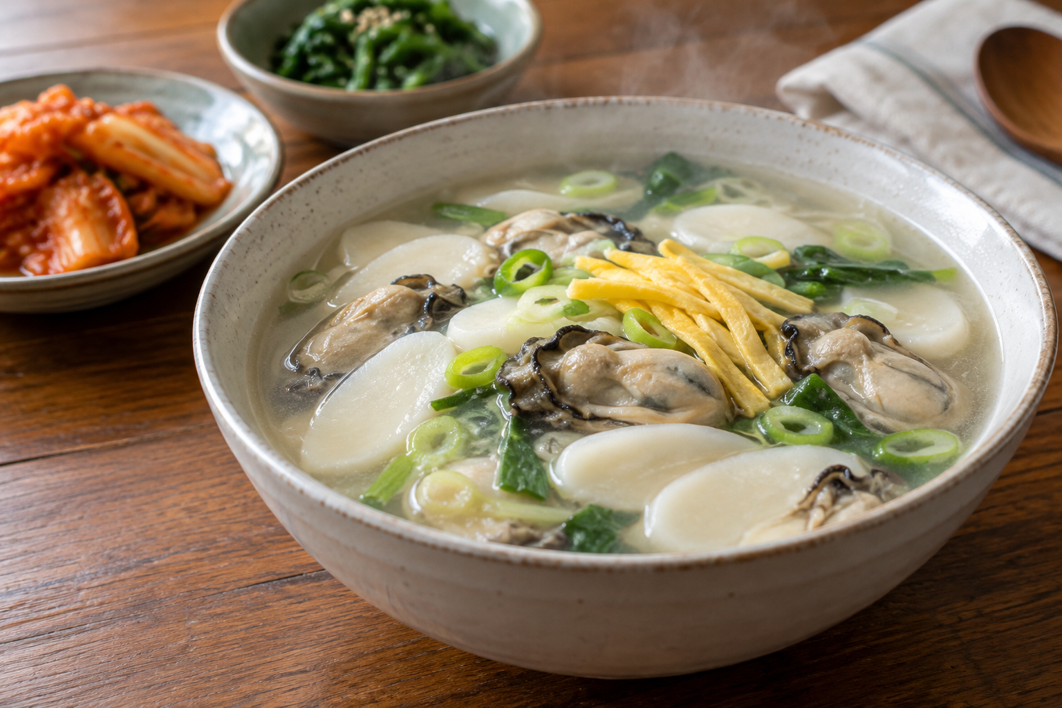 충분히 익힌 굴을 넣은 맑은 떡국