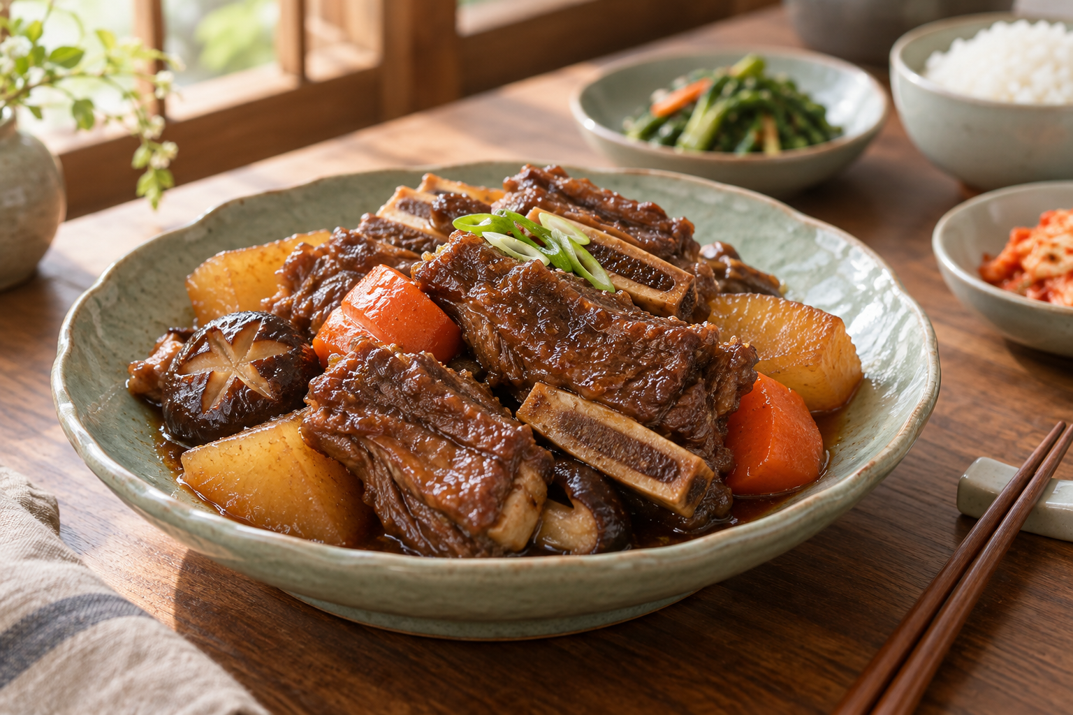 청자색 접시에 갈비와 채소를 담아 완성한 소갈비찜