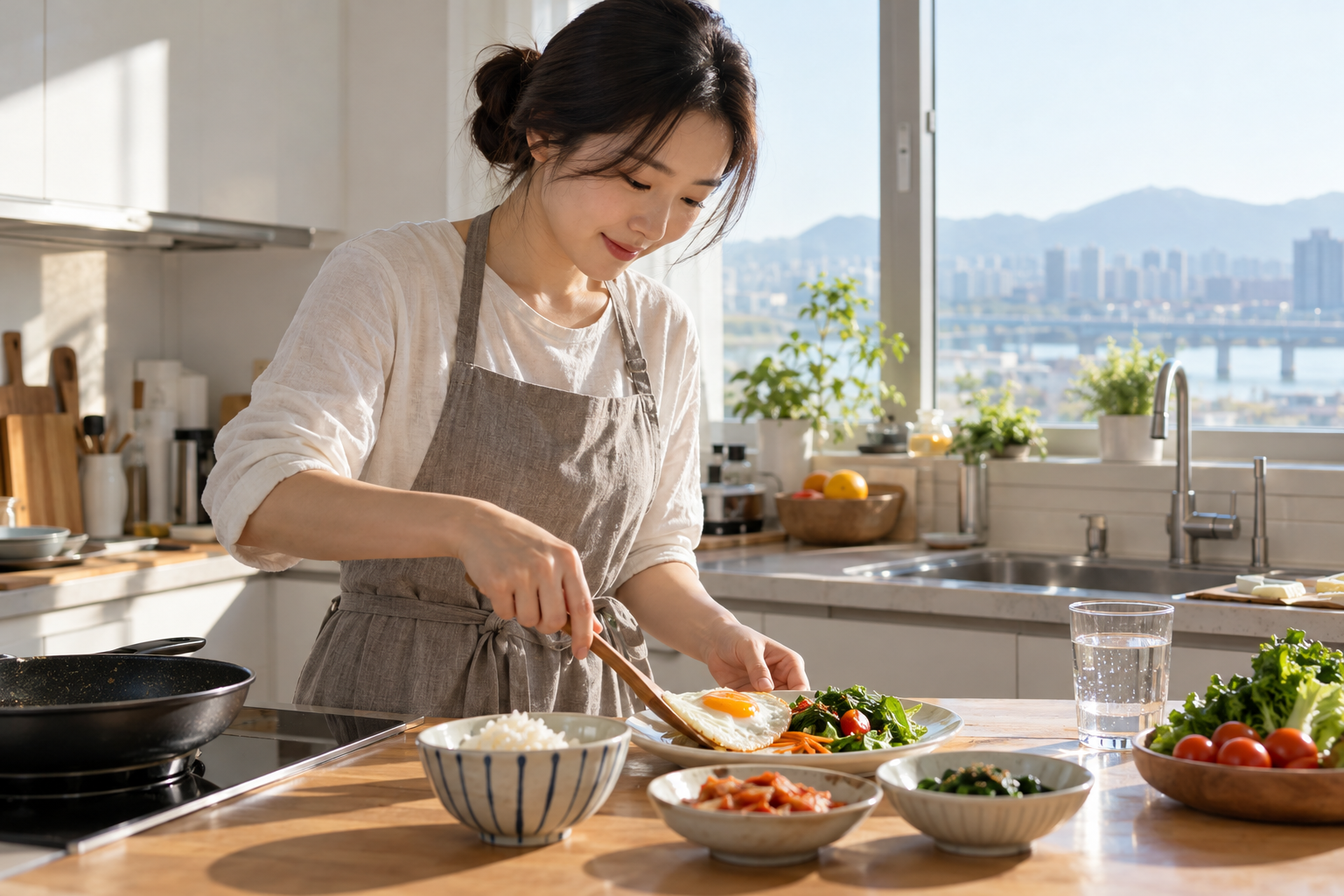 아침 주방에서 밥과 달걀, 채소로 식사를 준비하는 여성