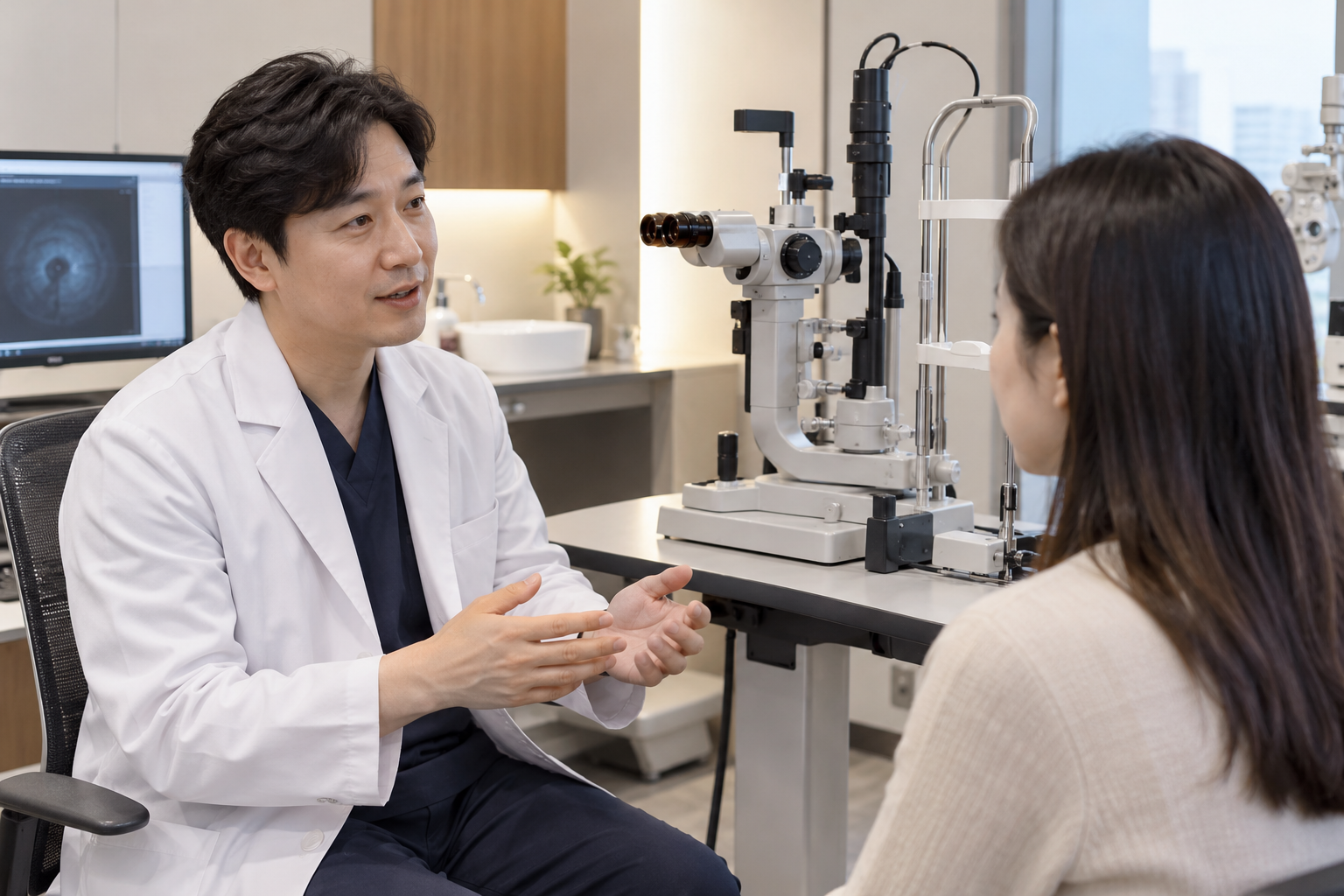 세극등 장비가 있는 안과 진료실에서 상담하는 의사와 환자