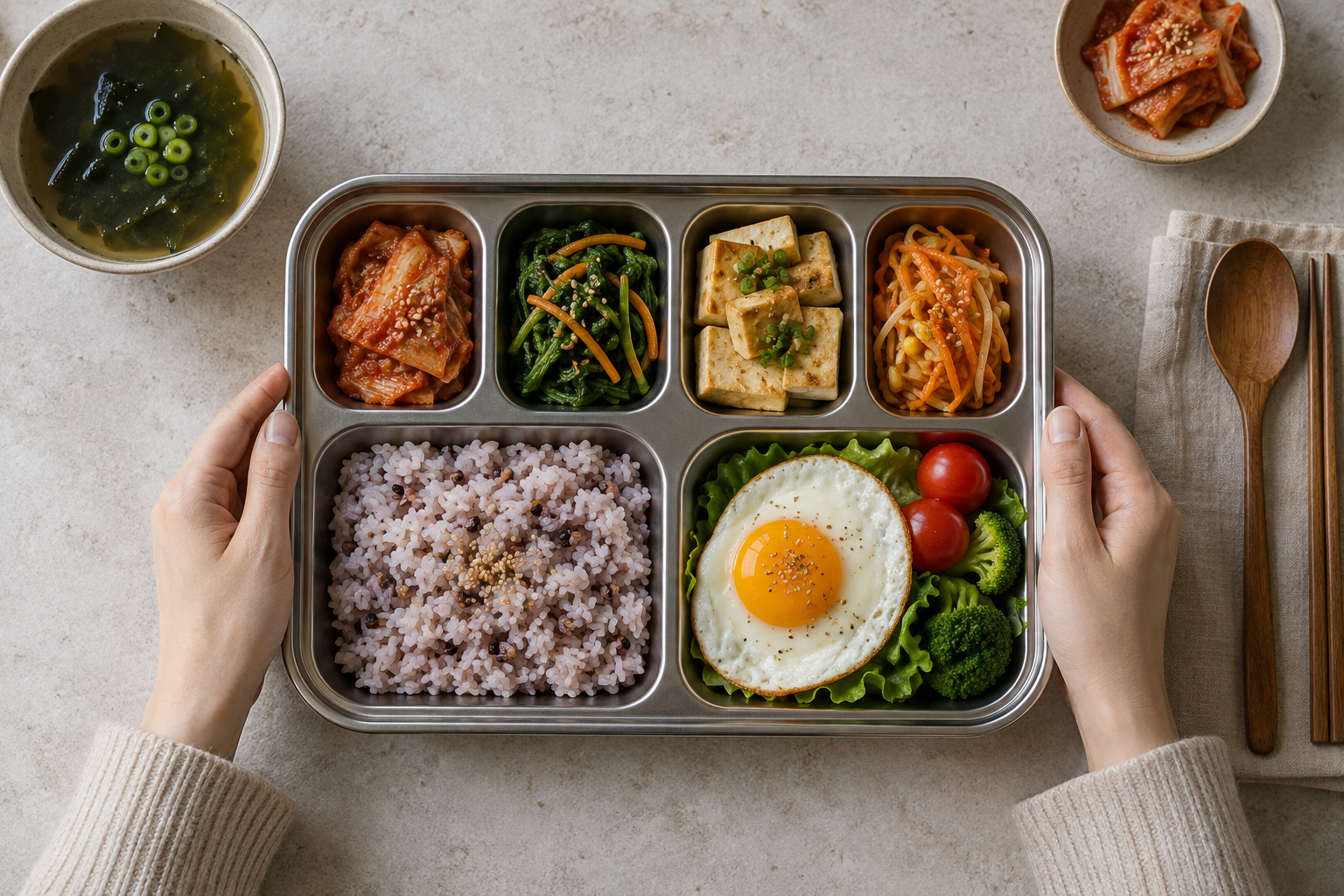 잡곡밥과 두부, 달걀, 여러 채소가 담긴 식판