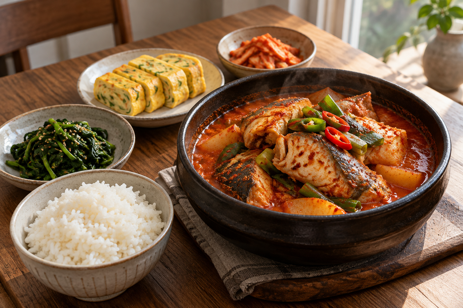 동태찌개와 밥, 나물, 달걀말이 밥상
