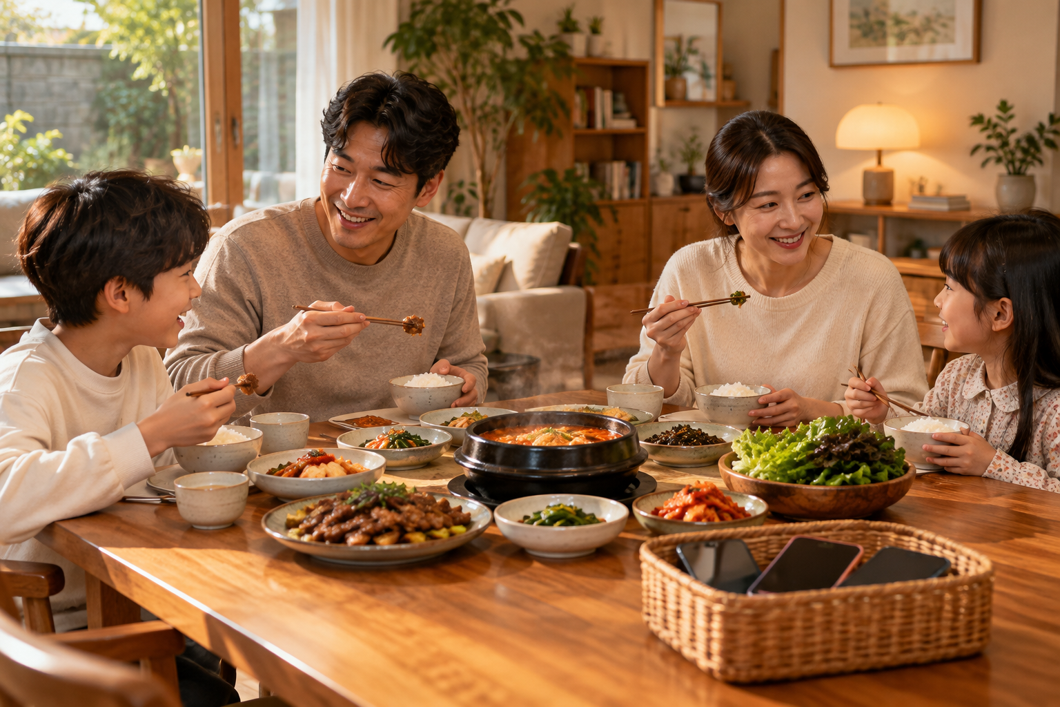 휴대폰을 치워두고 식사하는 한국 가족