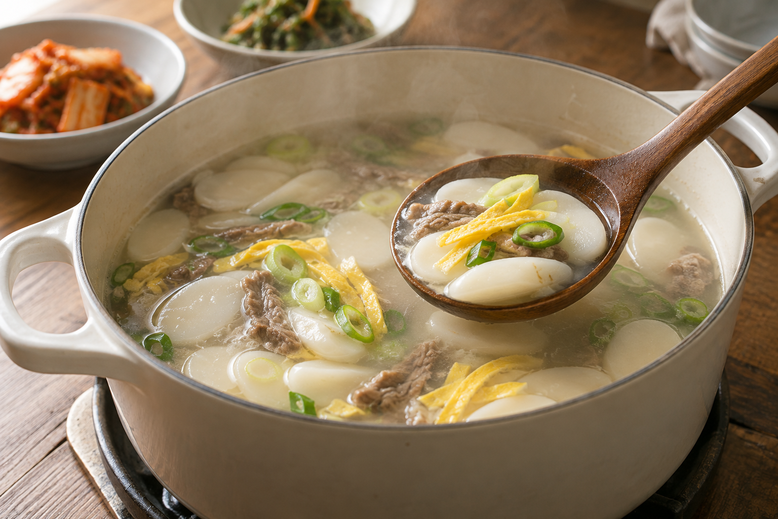 국자로 떠서 익힘을 살펴보는 맑은 떡국