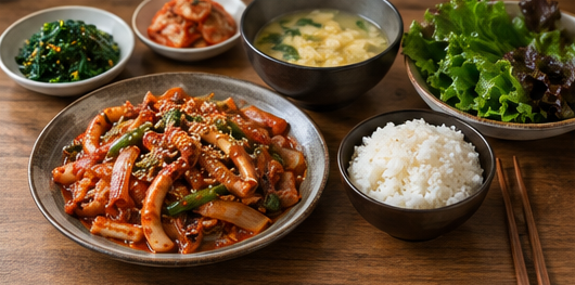 오징어볶음과 계란국 나물 쌈채소를 차린 밥상