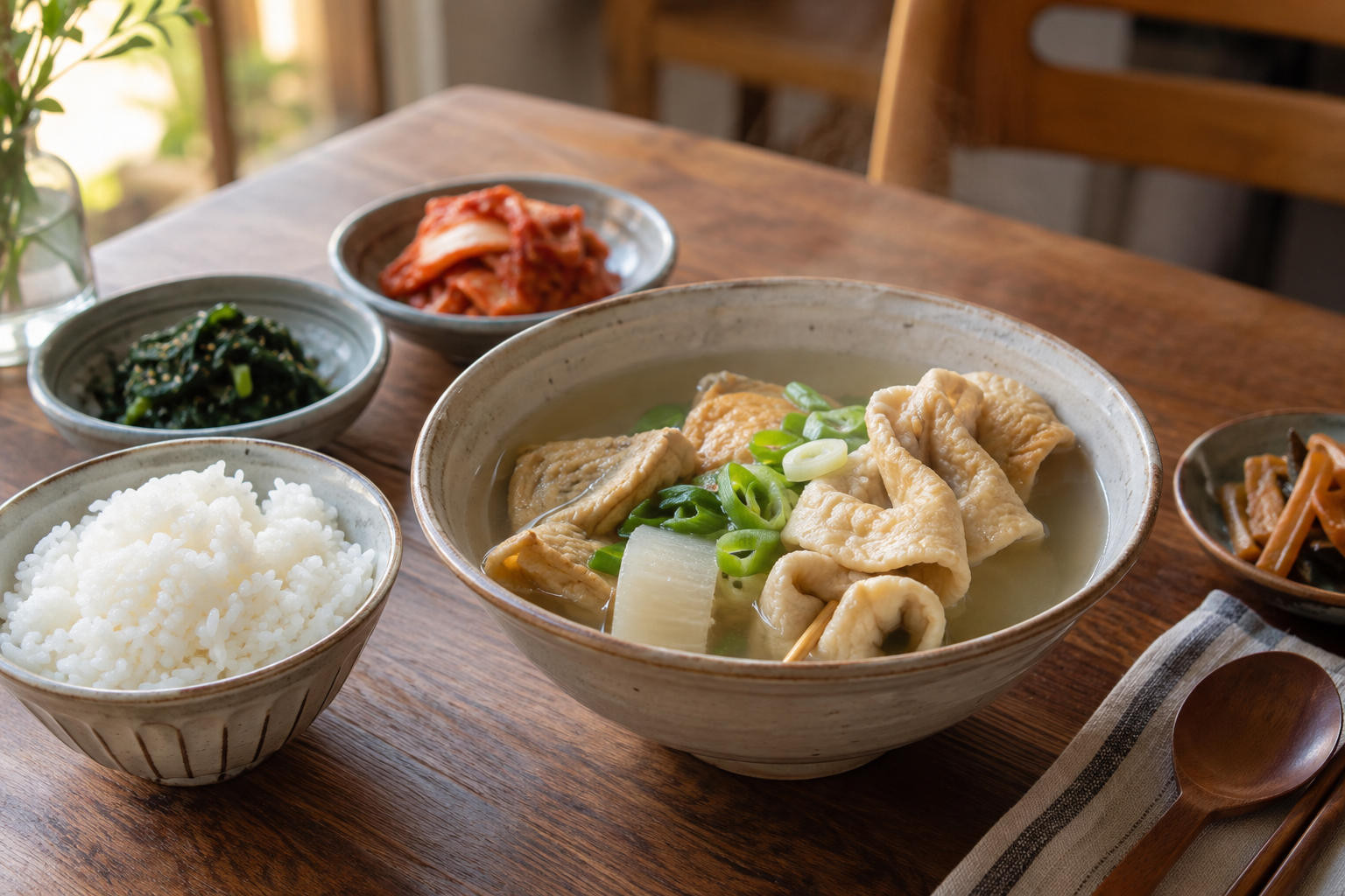 밥과 함께 식탁에 차린 어묵탕 한 그릇