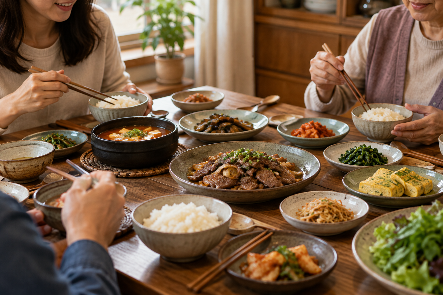 크기가 다른 밥공기와 개인별 식사가 놓인 식탁