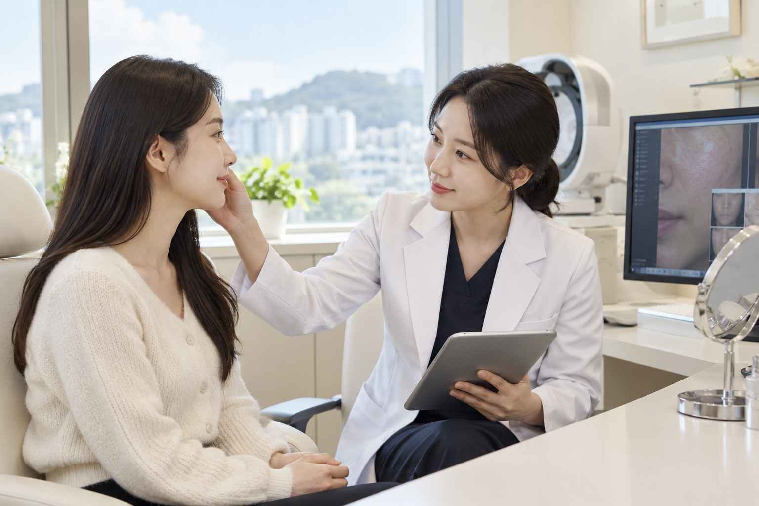 밝은 진료실에서 피부 증상을 상담하는 성인과 의사