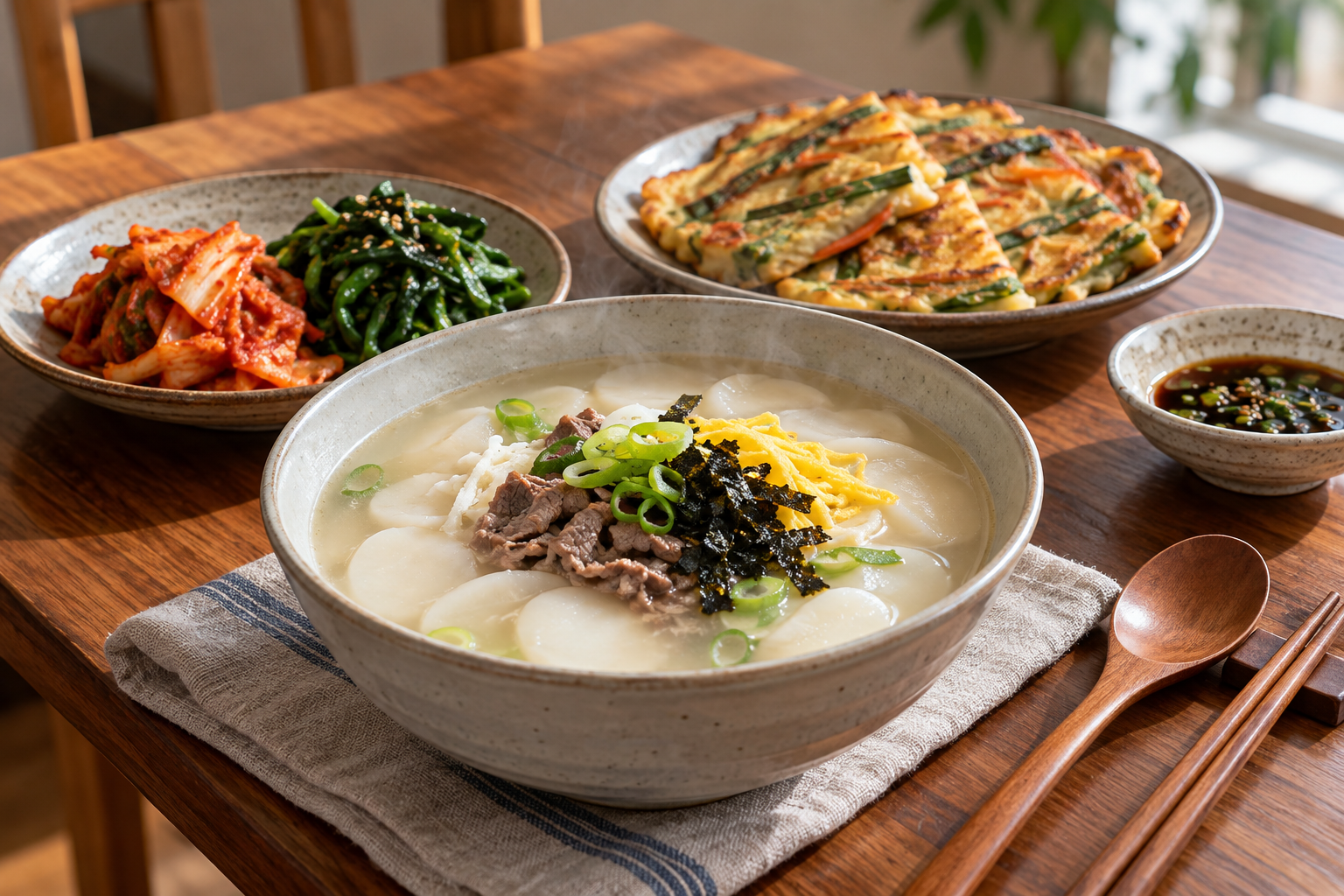 김치와 시금치나물, 전을 곁들인 떡국 상차림