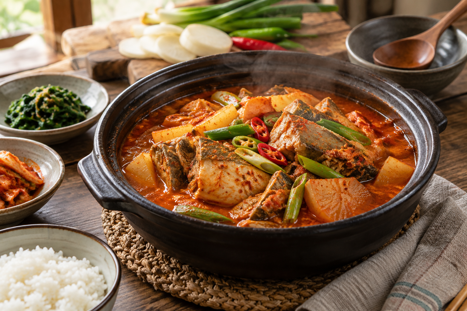 식사 준비를 마친 뚝배기 동태찌개