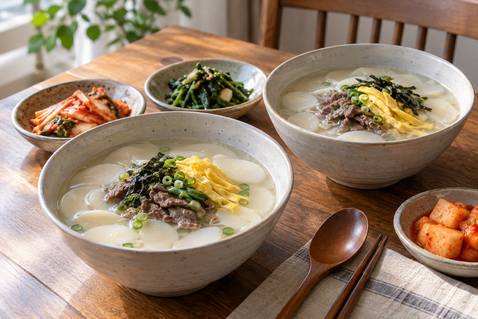식탁에 바로 차려 낸 떡국 두 그릇